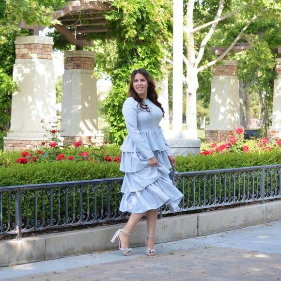Amalfi Sky Blue Ruffle Tiered Midi Dress Long Sleeve Modest Elegant NWT - Picture 2 of 7